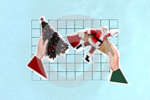 Creative abstract template collage of hands holding new year christmas tree decoration santa claus flying superman bag