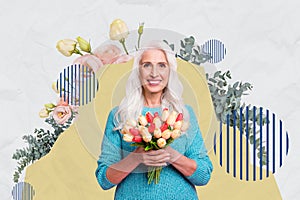 Creative abstract template collage of mature woman hold flowers bouquet mother day celebration concept weird freak