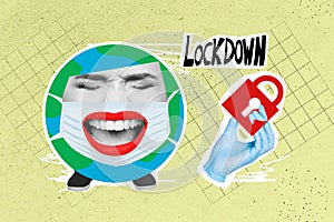 Creative abstract template collage of planet earth woman eyes closed mouth screaming wear mask lockdown global