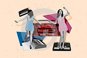 Creative abstract template collage of two beautiful girls dancing boombox listen music have fun fantasy billboard comics