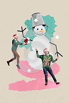 Creative abstract template collage of two funny guys friends guests gifts snowman game happy merry christmas new year