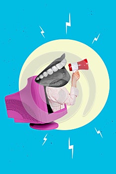 Creative abstract template collage of woman big mouth instead head speak megaphone loudspeaker announce inform old retro