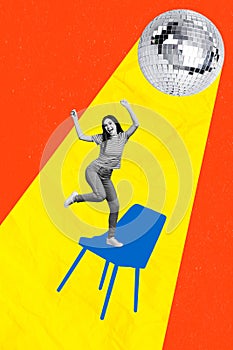 Creative abstract template graphics collage image of funky cool lady having fun dancing chair isolated colorful