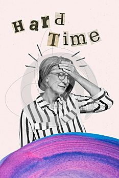 Creative abstract template graphics collage image of senior lady having hard time isolated pastel colors background