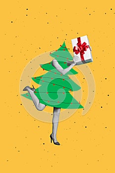 Creative abstract template graphics image of funny funky x-mas tree lady legs arms rising gifts isolated drawing