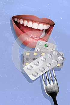 Creative abstract template graphics image of lady mouth pricking fork tablets isolated drawing background