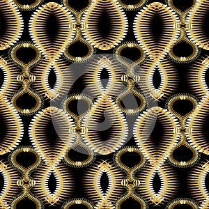 Creative abstract textured gold 3d seamless pattern. Vector black artistic background with doodle interesting shapes, figures, vi