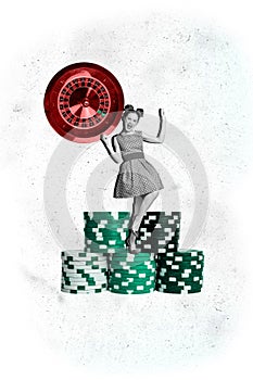 Creative advertisement of gambling games collage young woman spend free time and money in roulette blackjack isolated on