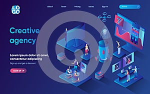 Creative agency concept 3d isometric web landing page.