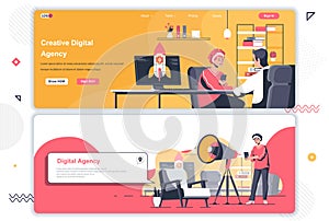 Creative agency landing pages set. Idea generation workflow, project launch corporate website. Flat vector illustration with