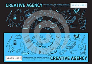 Creative Agency Office Web Banner Design With Artistic Cartoon Hand Drawn Sketchy Line Art Drawings Illustrations Of