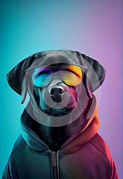 Creative animal composition. Black labrador in torn hoodie, wearing shades sunglass eyeglass isolated. Pastel gradient