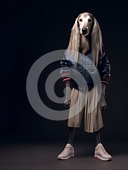 Afghan Hound dog puppy full body in hip hop stylish fashion isolated on dark background