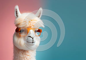 Creative animal concept. Alpaca in sunglass shade glasses isolated on solid pastel background. copy space text Generative AI