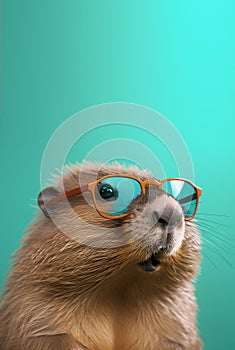 Creative animal concept. Beaver in sunglass shade glasses isolated on solid pastel background, copy space text Generative AI