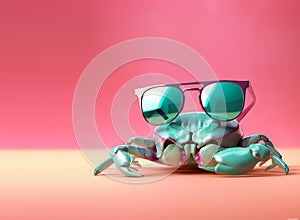 Creative animal concept. Crab in sunglass shade glasses isolated on solid pastel background. copy space text Generative AI