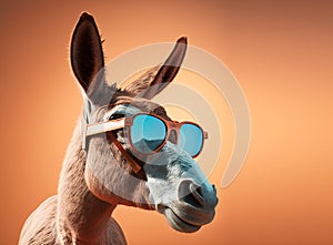 Creative animal concept. Donkey mule in sunglass shade glasses isolated on pastel background. copy space text Generative AI