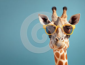 Creative animal concept. Giraffe in sunglass shade glasses isolated on solid pastel background. copy space text Generative AI