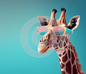 Creative animal concept. Giraffe in sunglass shade glasses isolated on solid pastel background. copy space text Generative AI