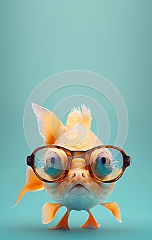 Creative animal concept. goldfish fish in sunglass glasses isolated on solid pastel background. copy space text Generative AI