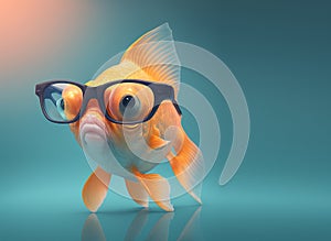 Creative animal concept. Goldfish fish in sunglass shade glasses isolated on pastel background,. copy space text Generative AI