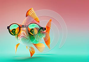 Creative animal concept. goldfish fish in sunglass shade glasses isolated on pastel background. copy space text Generative AI