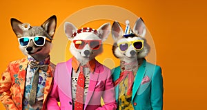 Group of fox foxes in funky Wacky wild mismatch colourful outfits on bright background advertisement photo