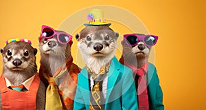 Group of otter in funky Wacky wild mismatch colourful outfits on bright background photo