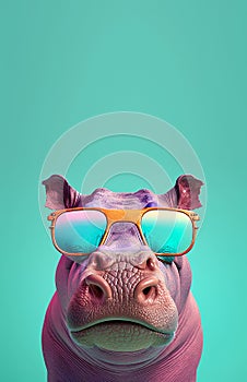 Creative animal concept. Hippopotamus hippo in sunglass glasses isolated on pastel background,. copy space text Generative AI