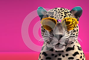 Creative animal concept. jaguar in sunglass shade glasses isolated on solid pastel background. copy space text Generative AI