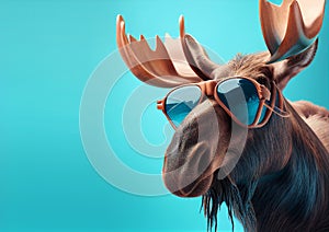 Creative animal concept. Moose in sunglass shade glasses isolated on solid pastel background. copy space text Generative AI