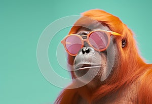Creative animal concept. Orangutang in sunglass shade glasses isolated on solid pastel background. copy space text Generative AI