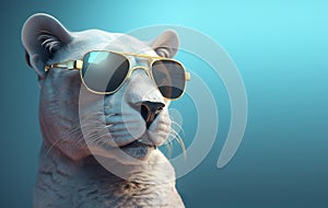 Creative animal concept. panther in sunglass shade glasses isolated on solid pastel background. copy space text Generative AI