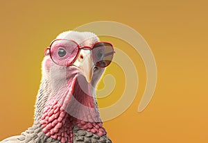 Creative animal concept. Turkey bird in sunglass shade glasses isolated on pastel background. copy space text Generative AI