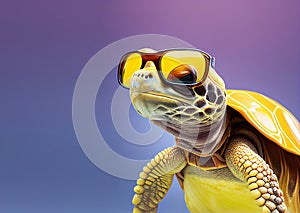 Creative animal concept. turtle tortoise in sunglass glasses isolated on solid pastel background. copy space text Generative AI