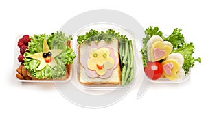 Creative appetizing sandwiches in lunch boxes on white background