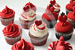 A creative array of Valentine\'s Day cupcakes, each featuring a unique red and white design photo