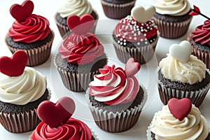 A creative array of Valentine\'s Day cupcakes, each featuring a unique red and white design photo