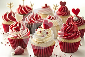 A creative array of Valentine\'s Day cupcakes, each featuring a unique red and white design photo
