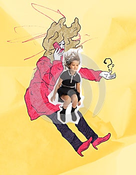 Creative art collage with little girl in jump over drawn portrait of woman. Concept of inner child, childhood and dreams