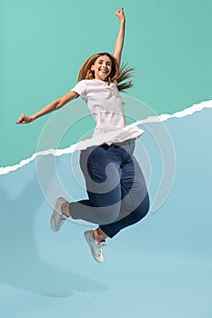 Creative art collage with young slim girl and plus-size woman wearing sport uniform isolated on blue-green background