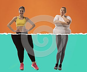 Creative artcollage with young slim girl and plus-size woman wearing sport uniform isolated on green orange background
