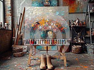 Creative artist workplace oil painting still life of colorful bouquet of flowers and artist's shoes on the table