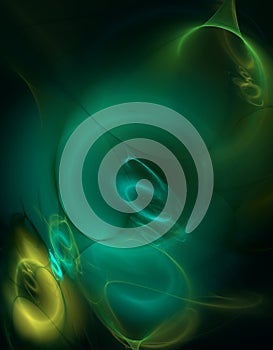 Creative and artistic abstraction with circles, curves, blurriness and haziness in green and yellow colors on dark background. photo