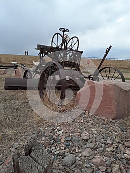 Creative artistic decorative old hystoric metal farm equipment  at Terry Bison Ranch Cheyenne Wyoming