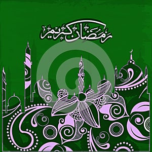 Creative artistic design with mosque made by beautiful floral design, and arabic islamic calligraphy of text Ramadan Kareem