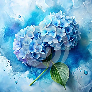 Creative image of pastel blue Hydrangea flowers on artistic ink background. Top view with copy space