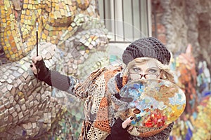 Creative artistic woman, artist, painter at work. Outdoor