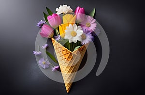 Creative arts flowerfilled waffle cone on black background