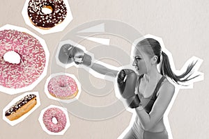 Creative artwork collage of sportswoman kickboxing destroy unhealthy junk food sweet donuts when dieting isolated on